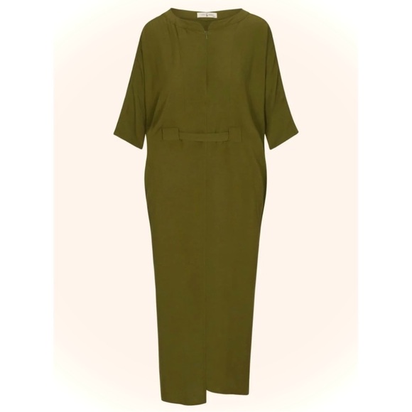 ODDBIRD | S | Olive Ruya Reya Tunic Flowy Short Sleeve Zip Neck Tie Dress - Picture 5 of 15